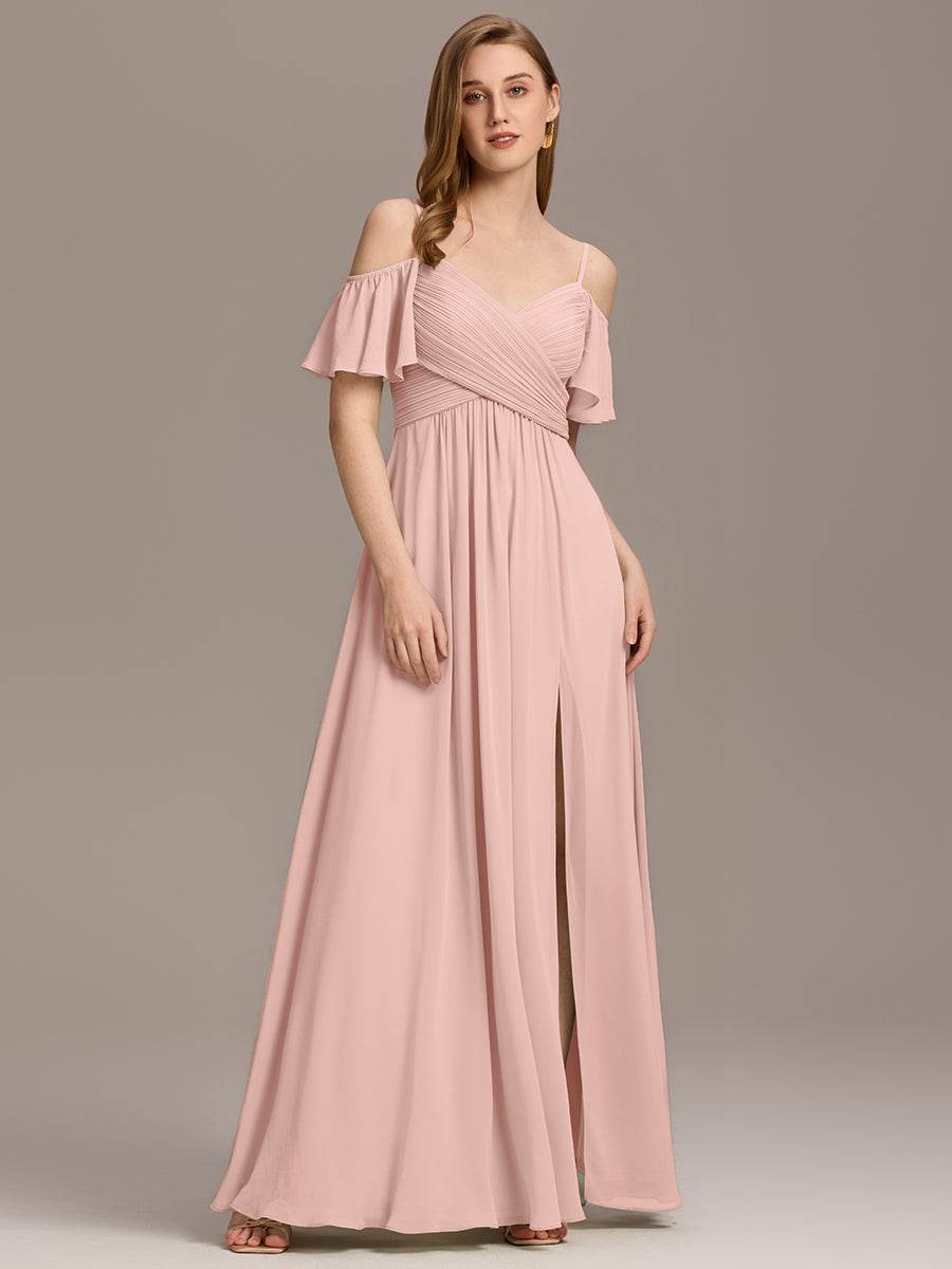 Off Shoulder Short Sleeve Pleated A-Line Bridesmaid Dress with Side Split – Floor Length - Biamonde
